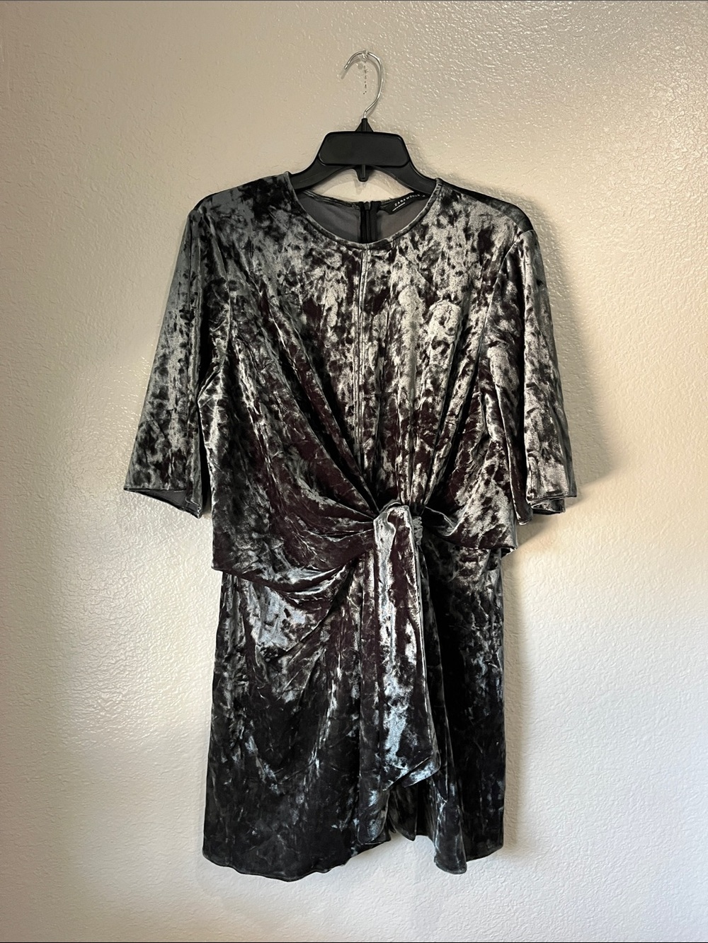 Zara Charcoal Grey Crushed Velvet Long-Sleeve Tie-Front Mini Dress Sz XL TC0540